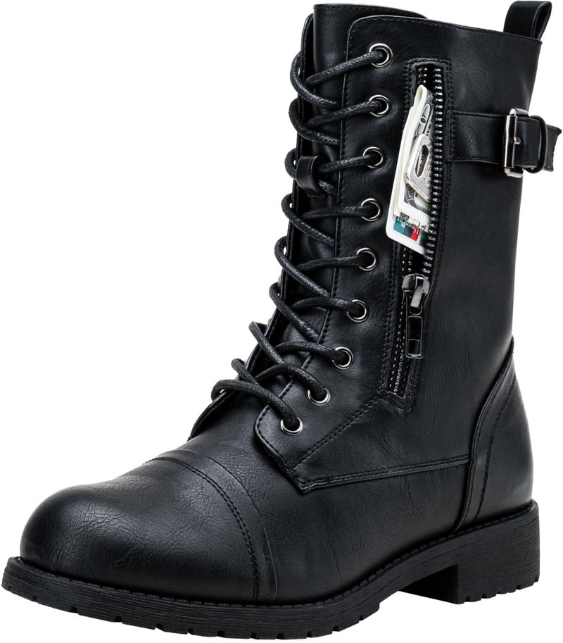 Vepose Women's Black Combat Boots Low Heel, Mid Calf Military Boots, 928 Size 8.5 US - with Card Knife Wallet Pocket (CJY928 Black 08.5) - Image 1